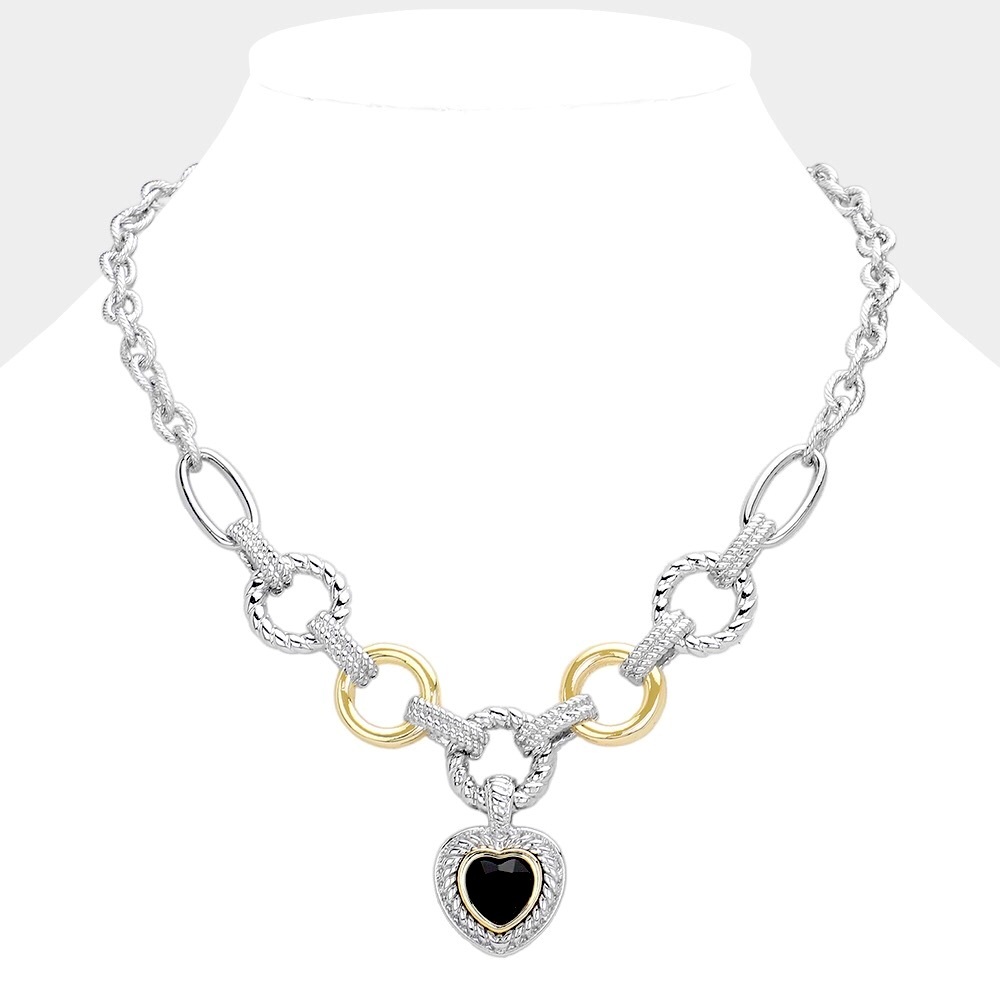 Heart Stone Pointed Pendant 2-Tone Textured Link Necklace